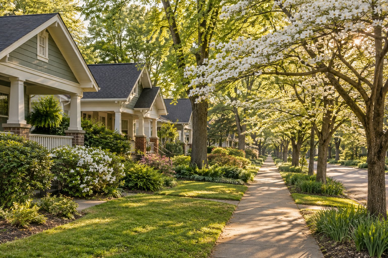 A tree lined Atlanta area street at sunset, illustrative